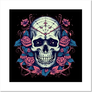 Dark Skull With Spider Webs and Flowers Posters and Art